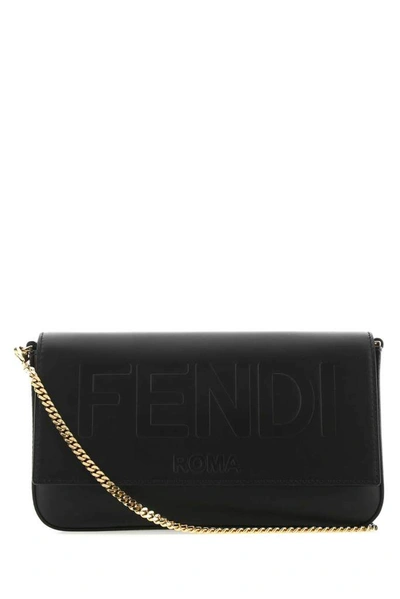 Shop Fendi Roma Lettering Chain Shoulder Bag In Black