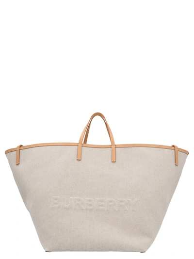 Shop Burberry Embossed Logo Extra Large Beach Tote Bag In Beige