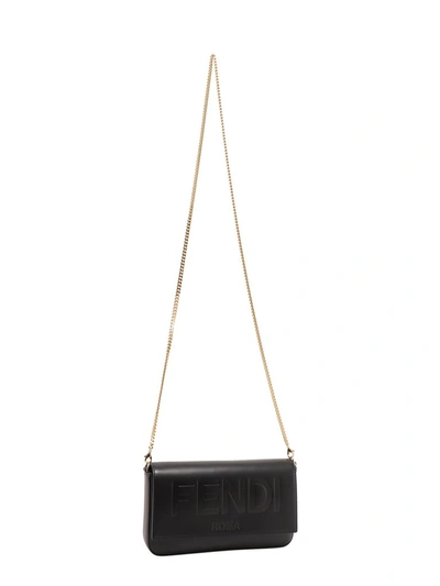 Shop Fendi Roma Lettering Chain Shoulder Bag In Black