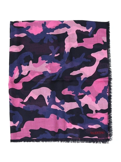 Shop Valentino Camouflage Print Raw Hem Scarf In Multi