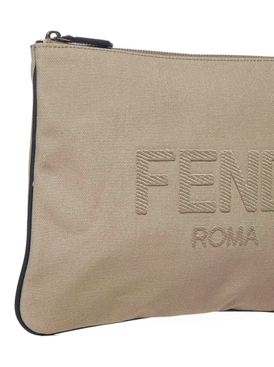 Shop Fendi Logo Embroidered Pouch In Beige