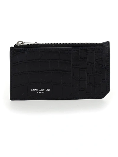 Shop Saint Laurent Embossed Card Holder In Black