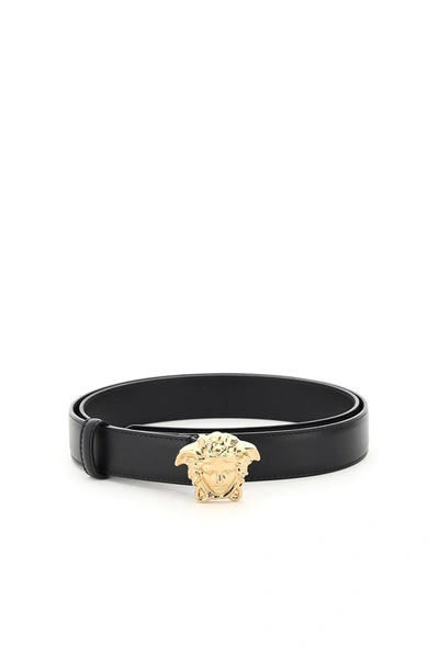 VERSACE BLACK LEATHER BELT with TITANIUM color MEDUSA ROUND GROOVED BUCKLE  90/36