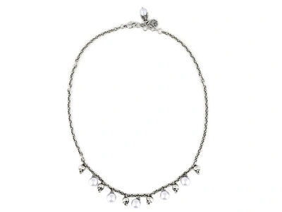 Shop Alexander Mcqueen Skull Pearl Beaded Necklace In Silver