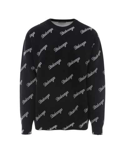 Shop Balenciaga Allover Logo Intarsia Sweater In Black