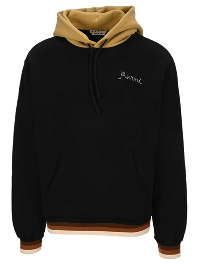 Shop Marni Logo Embroidered Contrast Detail Hoodie In Black
