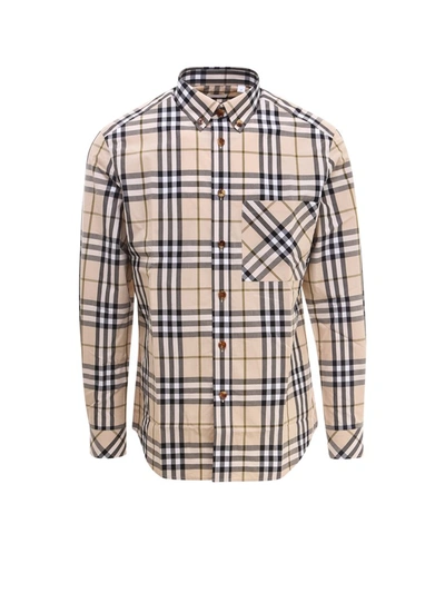 Shop Burberry Chest Pocket Checked Shirt In Beige