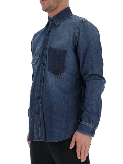 Shop Saint Laurent Raw Hem Detail Denim Shirt In Blue