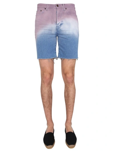 Shop Saint Laurent Gradient Raw Edge Denim Shorts In Multi