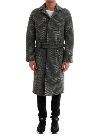 Shop Saint Laurent Belted Coat In Grey