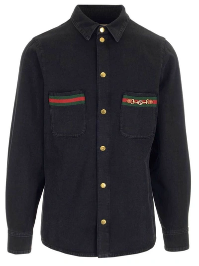 Shop Gucci Web Stripe Denim Shirt In Black