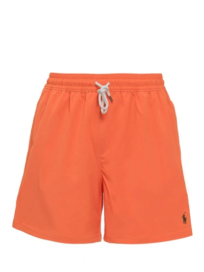 Shop Polo Ralph Lauren Logo Embroidered Swim Shorts In Orange