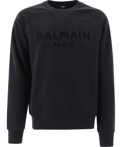 Shop Balmain Flocked Logo Crewneck Sweatshirt In Black