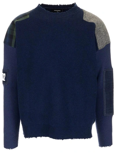 Shop Dsquared2 Patchwork Knitted Sweatshirt In Navy