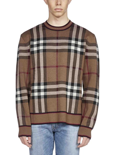 Shop Burberry Check Jacquard Jumper In Brown