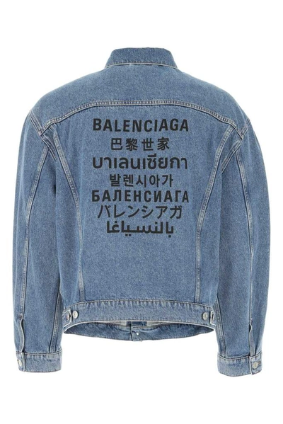 Shop Balenciaga Languages Print Oversized Denim Jacket In Blue