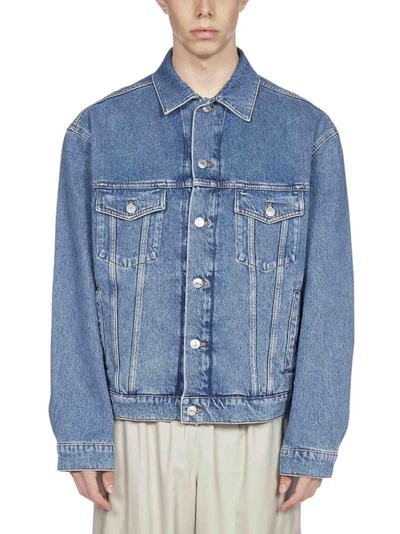 Shop Balenciaga Languages Print Oversized Denim Jacket In Blue