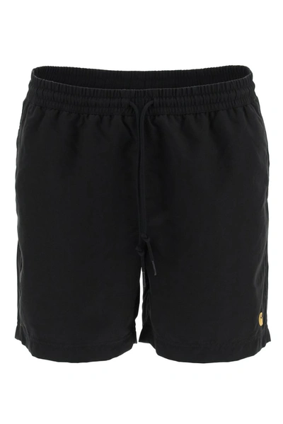 Shop Carhartt Wip Logo Embroidered Swim Trunks In Black