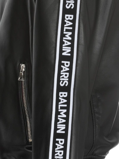 Shop Balmain Logo Tape Leather Bomber Jacket In Black