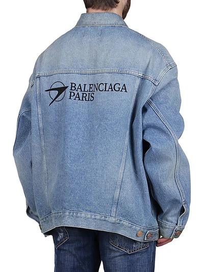 Shop Balenciaga Paris Logo Print Denim Jacket In Blue