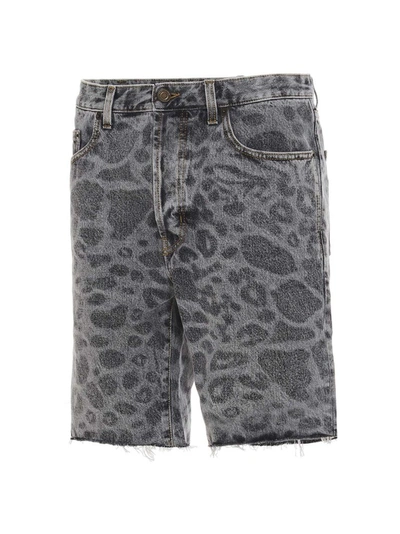 Shop Saint Laurent Leopard Print Denim Shorts In Grey