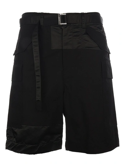 Shop Sacai Belted Tonal Patchwork Shorts In Black