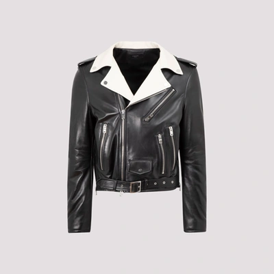 Shop Amiri Contrast Collared Leather Jacket In Black