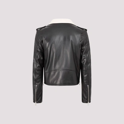 Shop Amiri Contrast Collared Leather Jacket In Black