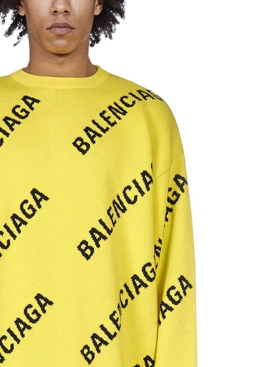 Shop Balenciaga Allover Logo Intarsia Sweater In Yellow