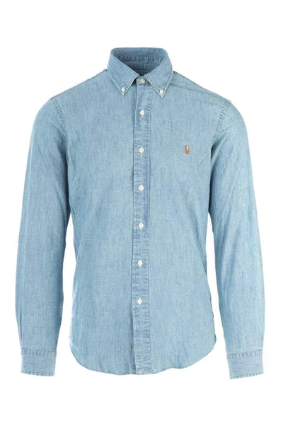 Shop Polo Ralph Lauren Logo Embroidered Chambray Shirt In Blue
