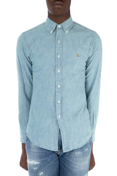Shop Polo Ralph Lauren Logo Embroidered Chambray Shirt In Blue