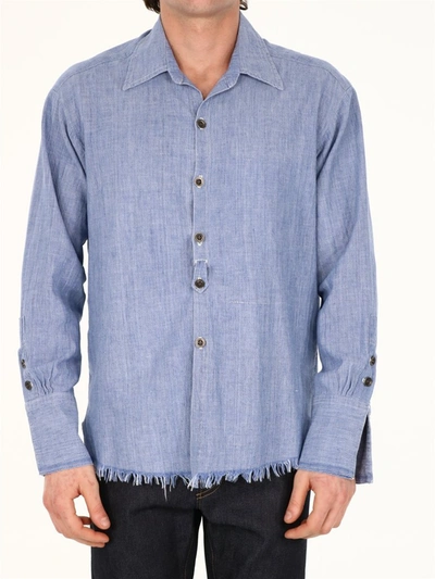 Shop Greg Lauren Fringe Hem Shirt In Blue
