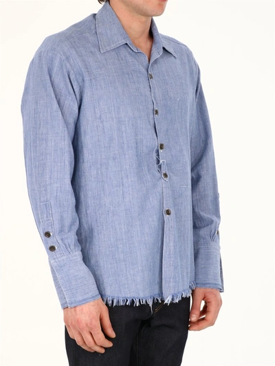 Shop Greg Lauren Fringe Hem Shirt In Blue