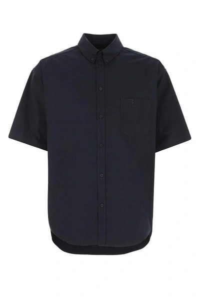 Shop Balenciaga Logo Printed Short Sleeve Shirt In Navy