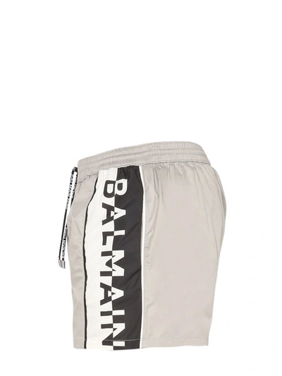 Shop Balmain Logo Print Drawstring Swim Shorts In Grey