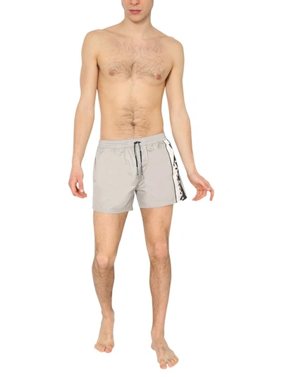 Shop Balmain Logo Print Drawstring Swim Shorts In Grey