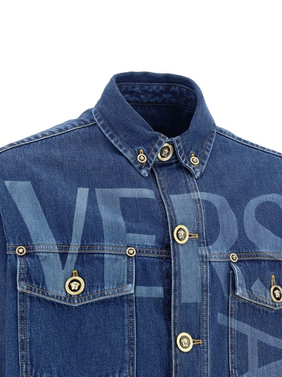 Shop Versace Logo Denim Jacket In Blue
