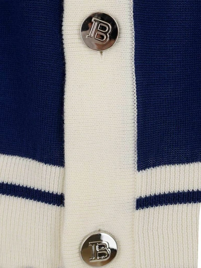 Shop Balmain Contrast Trim Logo Knitted Cardigan In Blue
