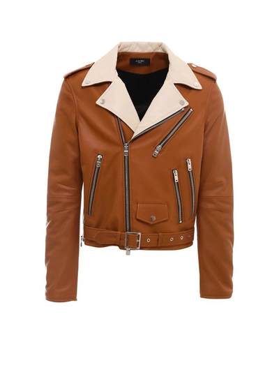 Shop Amiri Contrast Collared Leather Biker Jacket In Brown