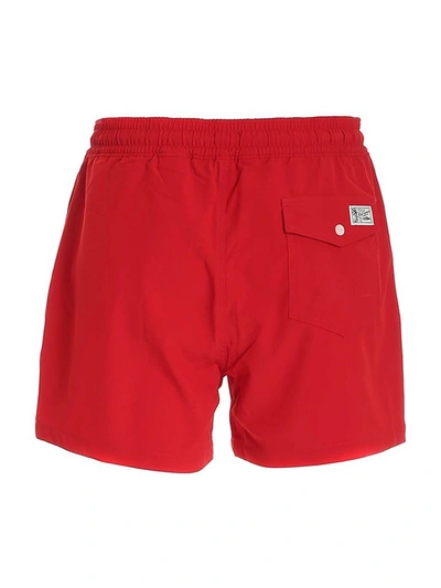 Shop Polo Ralph Lauren Logo Embroidered Swim Trunks In Red