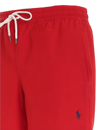 Shop Polo Ralph Lauren Logo Embroidered Swim Trunks In Red
