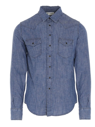 Shop Saint Laurent Stone Wash Western Shirt In Blue