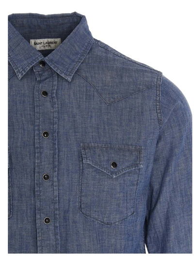 Shop Saint Laurent Stone Wash Western Shirt In Blue