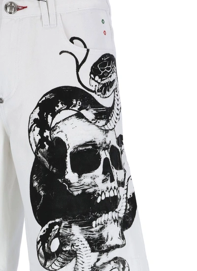 Shop Philipp Plein Skull Print Denim Shorts In White