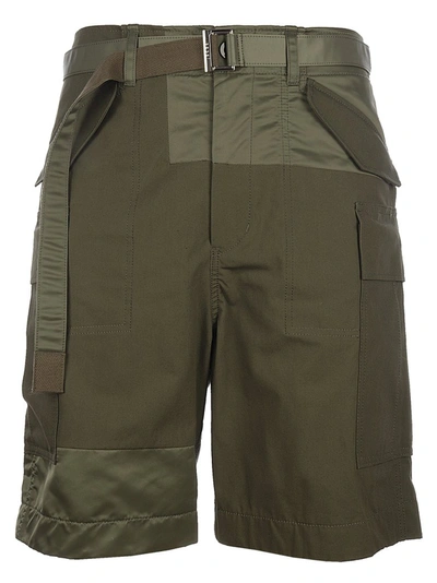 Shop Sacai Belted Tonal Patchwork Shorts In Green