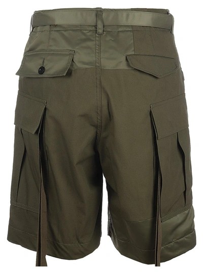 Shop Sacai Belted Tonal Patchwork Shorts In Green