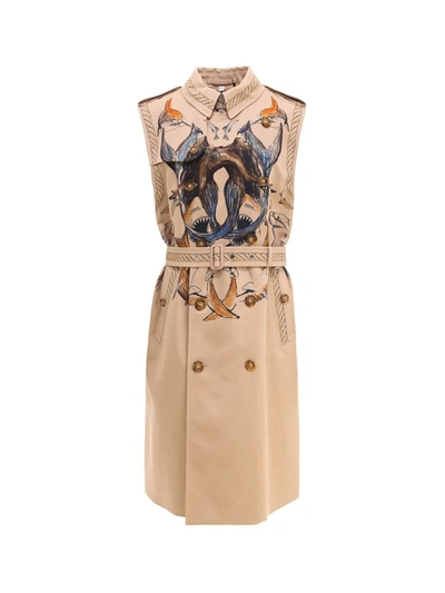 Shop Burberry Marine Sketch Print Sleeveless Trench Coat In Beige