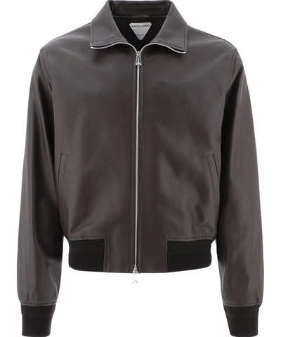 Shop Bottega Veneta Leather Bomber Jacket In Brown