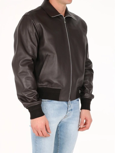 Shop Bottega Veneta Leather Bomber Jacket In Brown