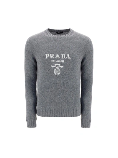 Shop Prada Intarsia Logo Knit Crew In Grey